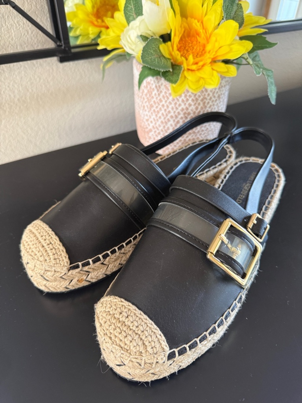 Karl Lagerfeld Black Espadrille Slingback Sandals with Gold Buckle